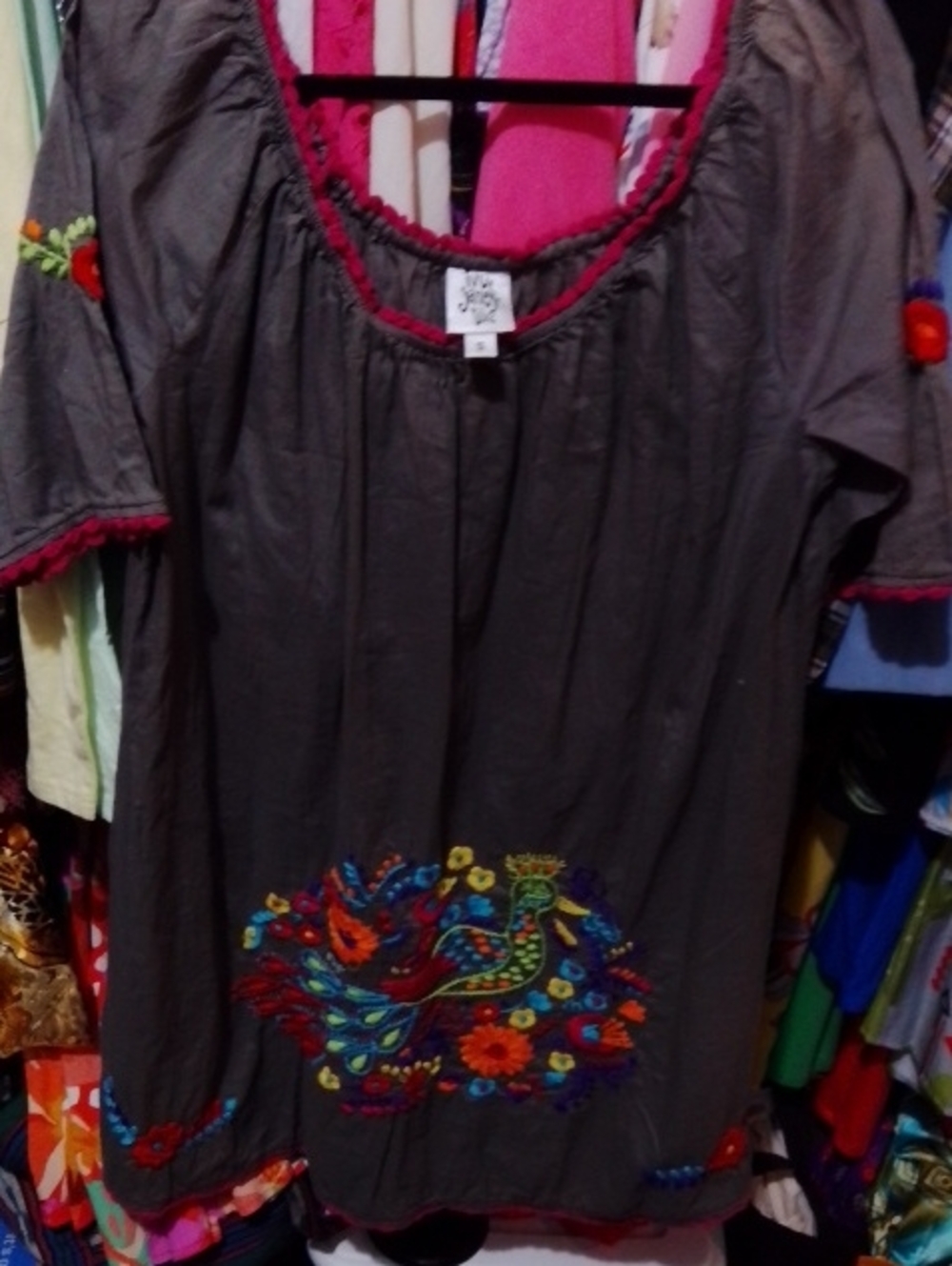 ivy jane Charcoal Midi Dress with Pink Trim and Multicolor Embroidery